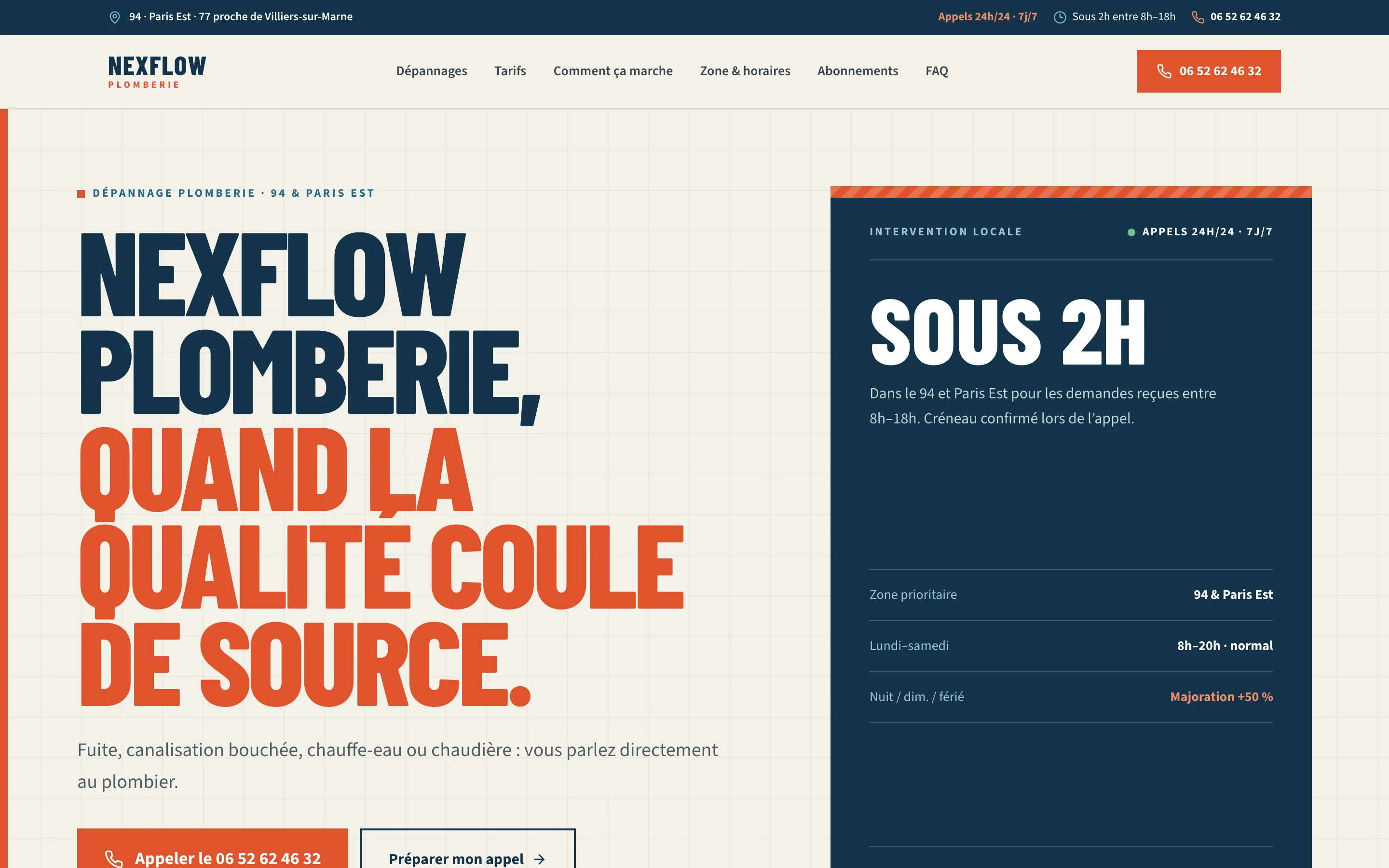 Page d’accueil du site Nexflow, plomberie par abonnement, sur ordinateur et sur téléphone